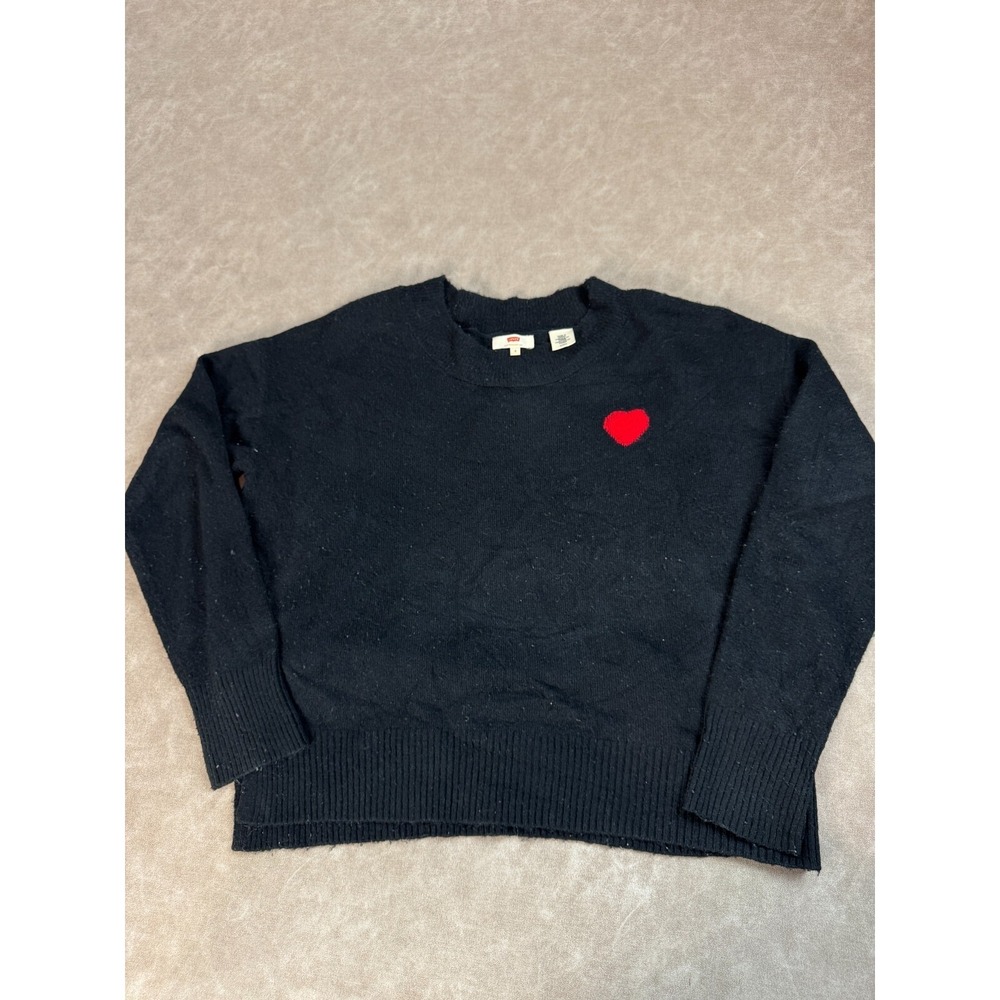 Levi's Womens Red Heart Long Sleeve Round Neck Pullover Black Sweater Small